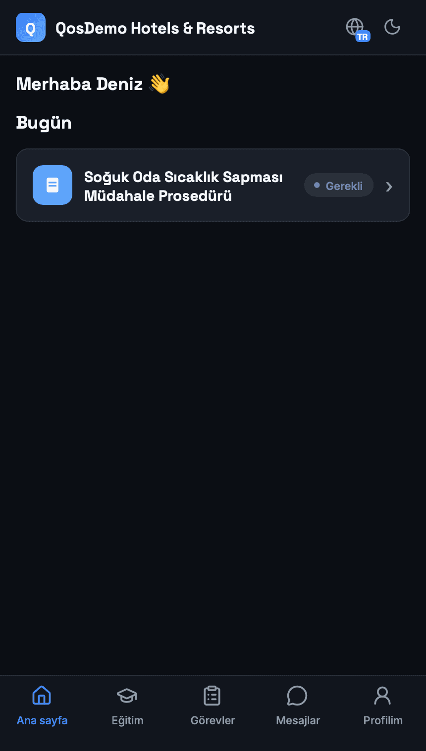 QOS Employee Portal ana ekranında gerekli olarak gösterilen Türkçe doküman okuma görevi