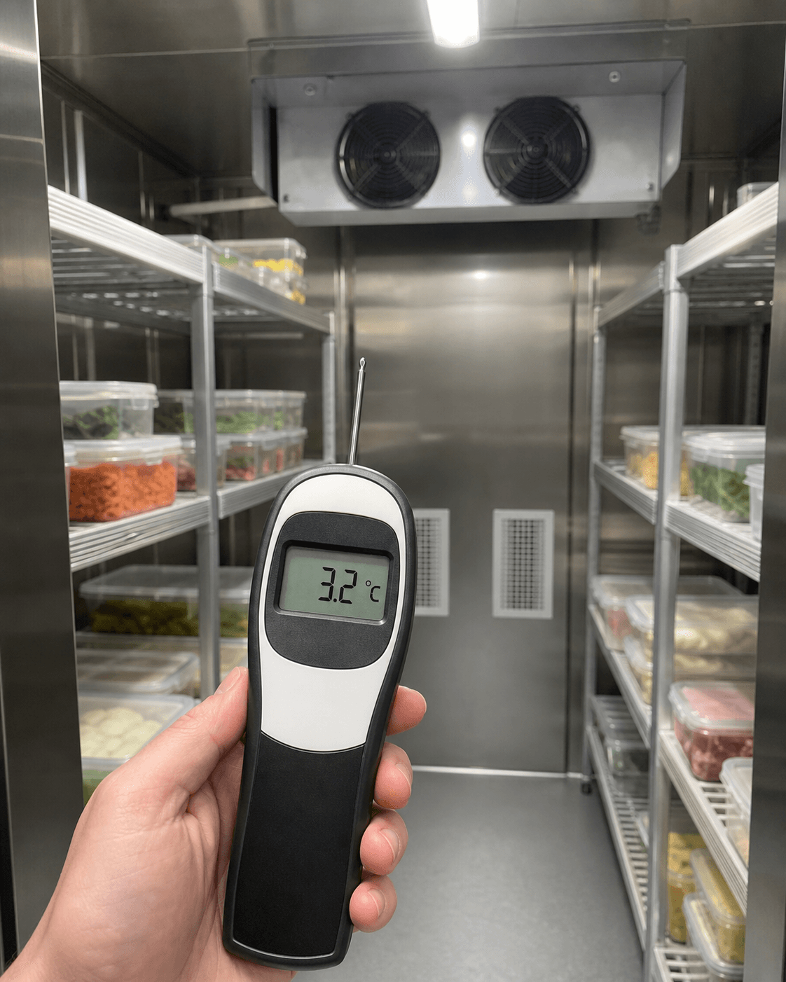 Synthetic demo verification photo showing a 3.2 degree Celsius cold-room reading