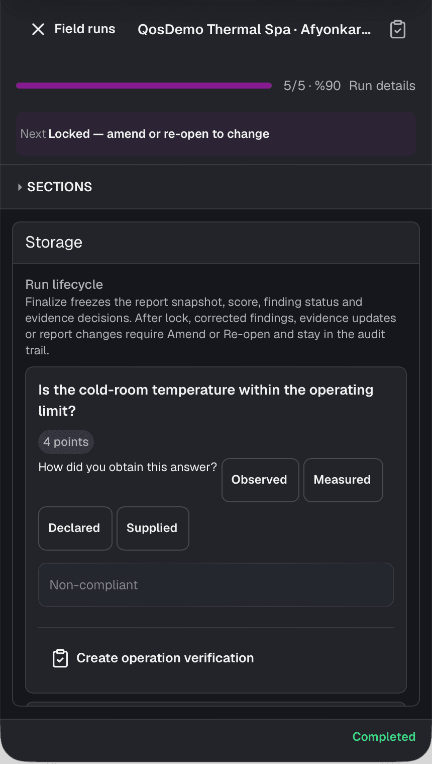 QOS mobile field screen showing a cold-room temperature check and observed or measured source choices