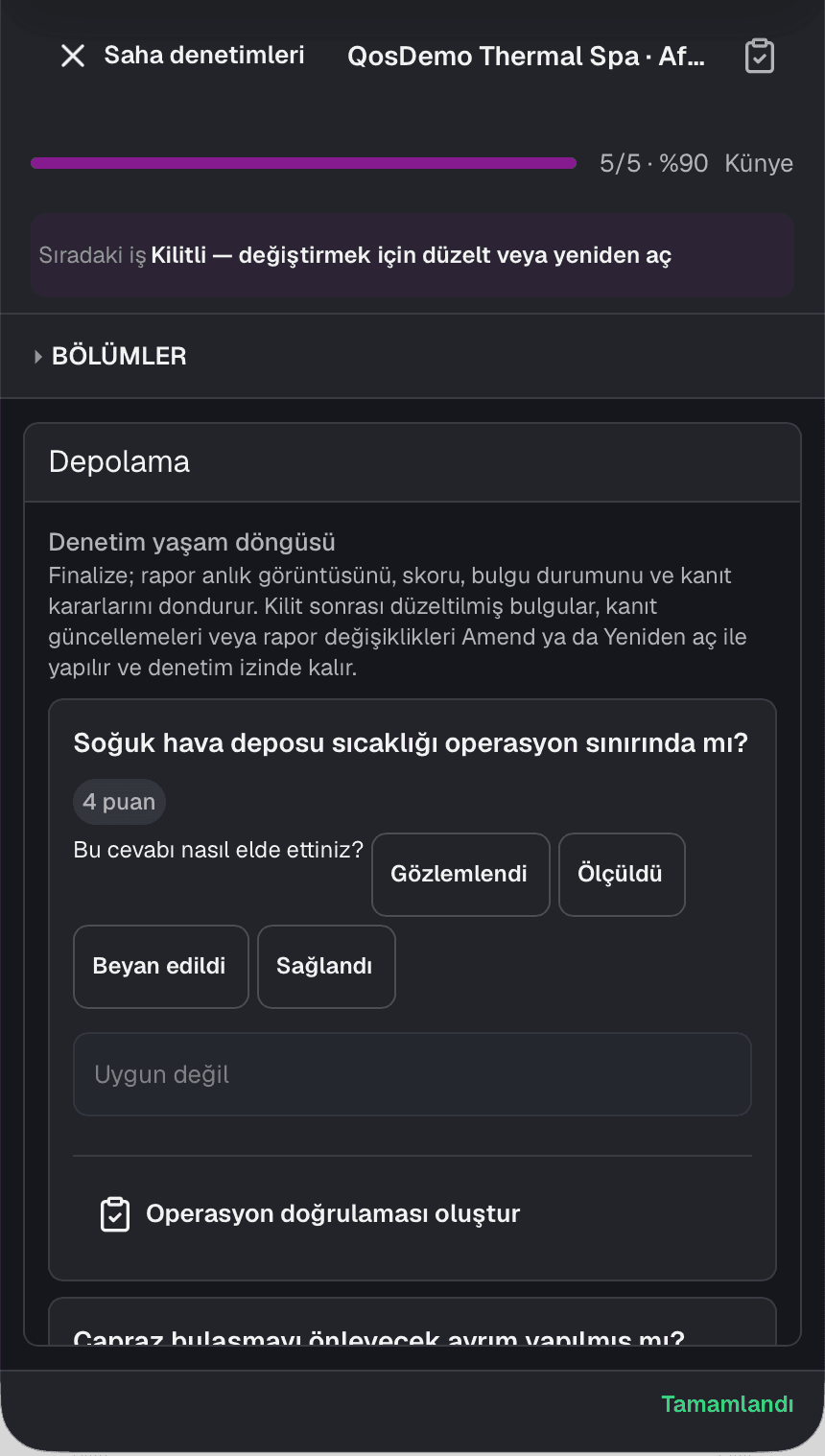QOS mobil saha ekranında soğuk oda sıcaklığı kontrolü ve gözlem ya da ölçüm kaynağı seçenekleri